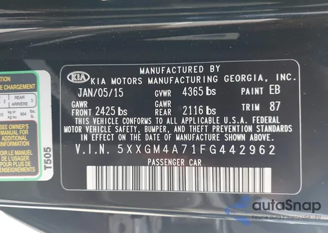 2015 Kia Optima Lx из США, поврежденный, VIN 5XXGM4A71FG442962